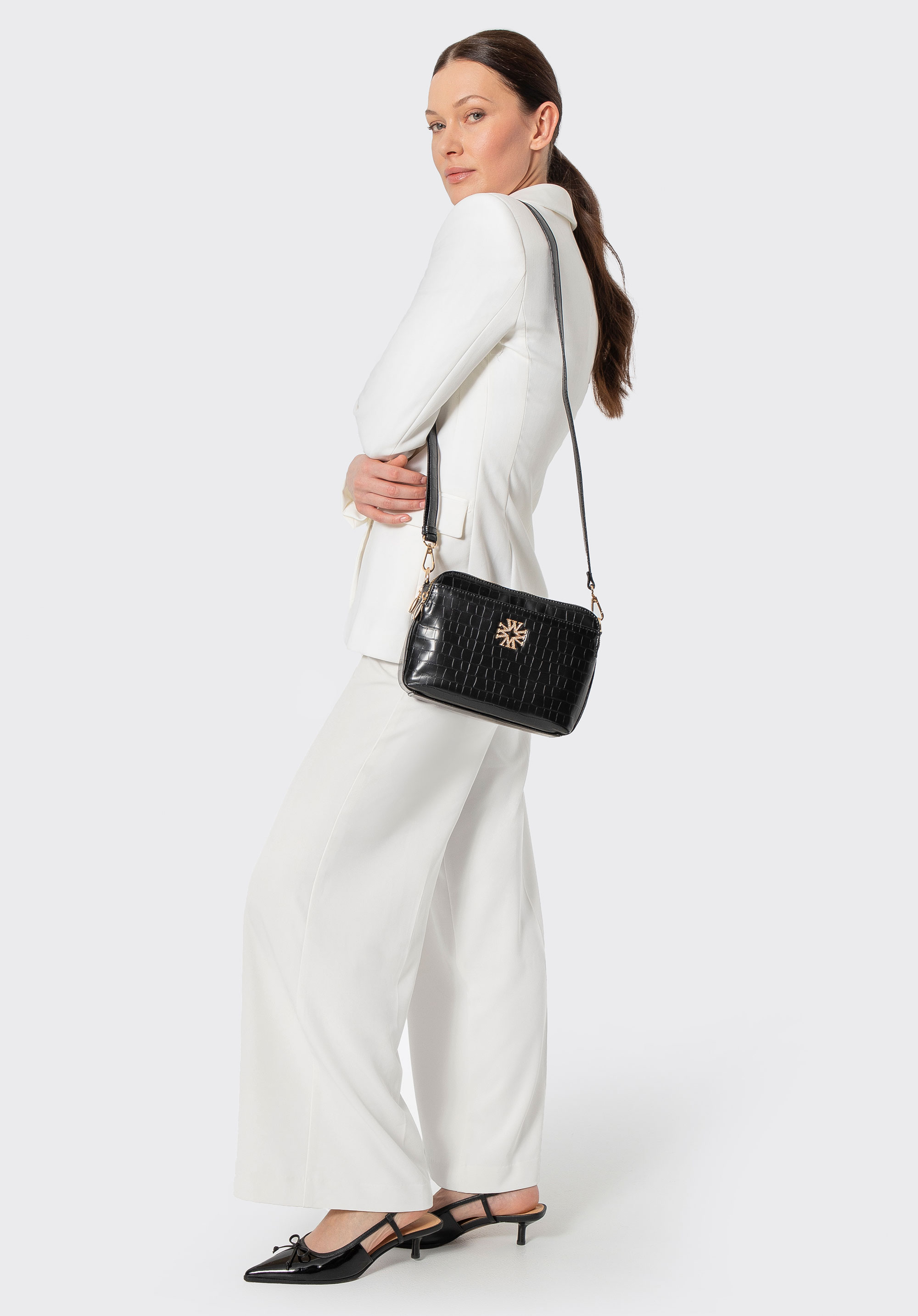 Damska listonoszka z ekoskóry croco trzykomorowa, czarny, 29-4Y-017-B1, Zdjęcie 1