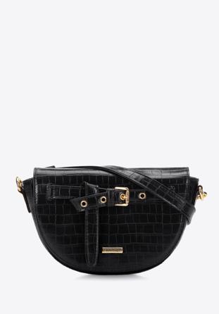 Women's croc print saddle clutch bag, black, 97-4Y-218-1, Photo 1