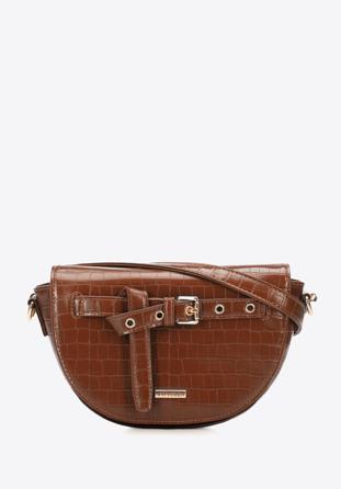 Women's croc print saddle clutch bag, brown, 97-4Y-218-4, Photo 1