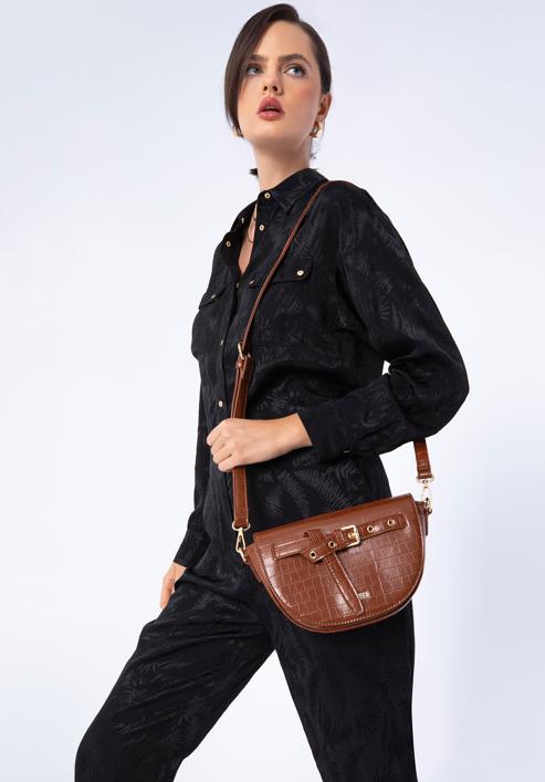 Women's croc print saddle clutch bag, brown, 97-4Y-218-Z, Photo 15