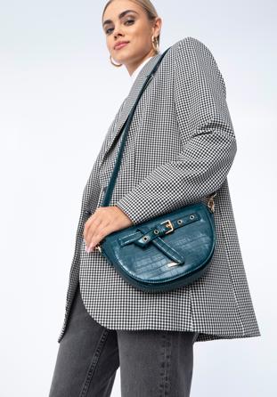 Women's croc print saddle clutch bag, dark turquoise, 97-4Y-218-Z, Photo 1