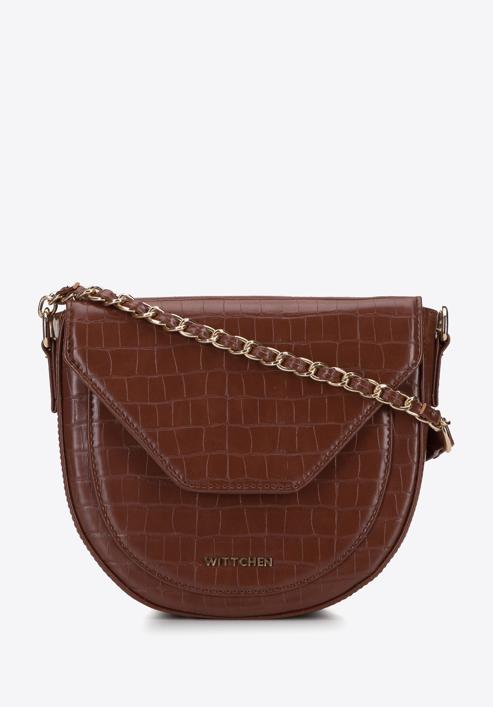 Croc-embossed faux leather saddle bag, brown, 95-4Y-052-V, Photo 1