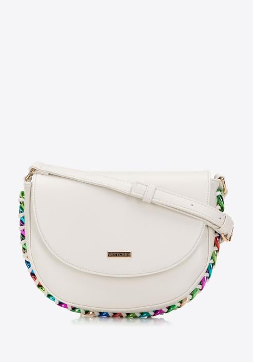 Women's faux leather crossbody bag with interwoven chain detail, cream-gold, 98-4Y-515-0, Photo 1
