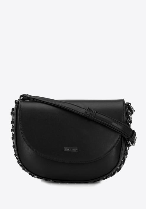 Women's faux leather crossbody bag with interwoven chain detail, black, 98-4Y-515-P, Photo 1