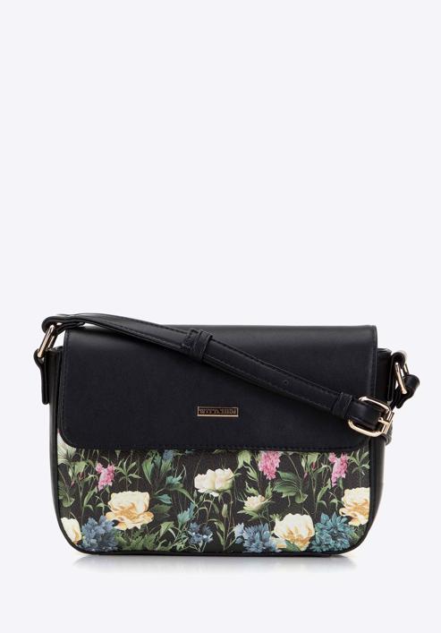 Women's faux leather crossbody bag with floral print, black, 98-4Y-202-0, Photo 1