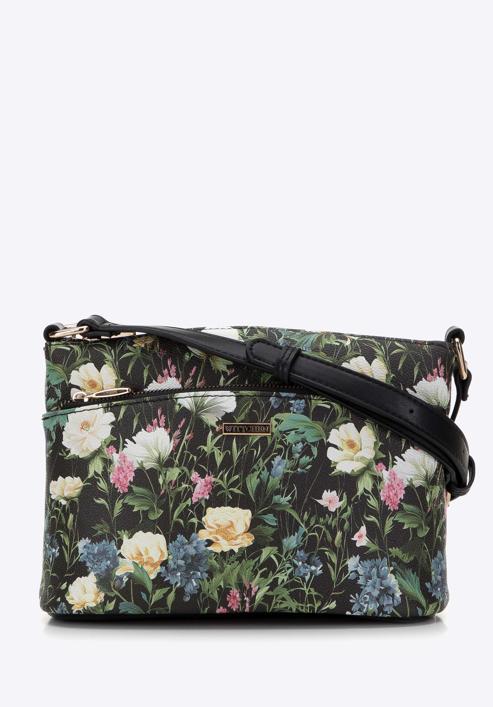 Women's faux leather crossbody bag with flower print, black, 98-4Y-203-P, Photo 1