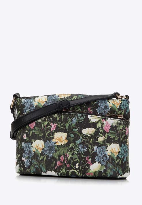 Women's faux leather crossbody bag with flower print, black, 98-4Y-203-0, Photo 2