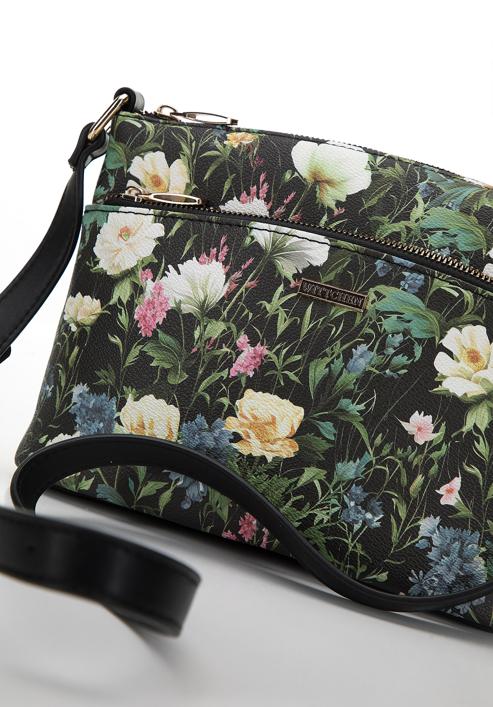 Women's faux leather crossbody bag with flower print, black, 98-4Y-203-P, Photo 4