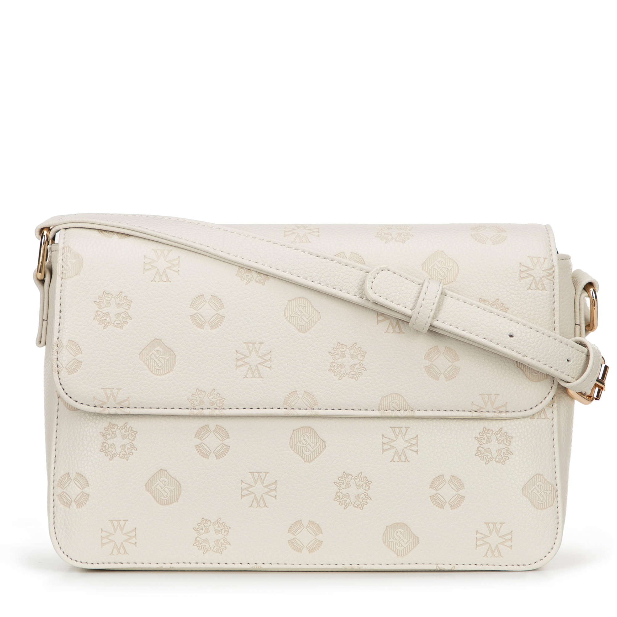 Dámska kabelka cez rameno z ekokože s reliéfnym podpisom, krémová 101-4Y-P06-0