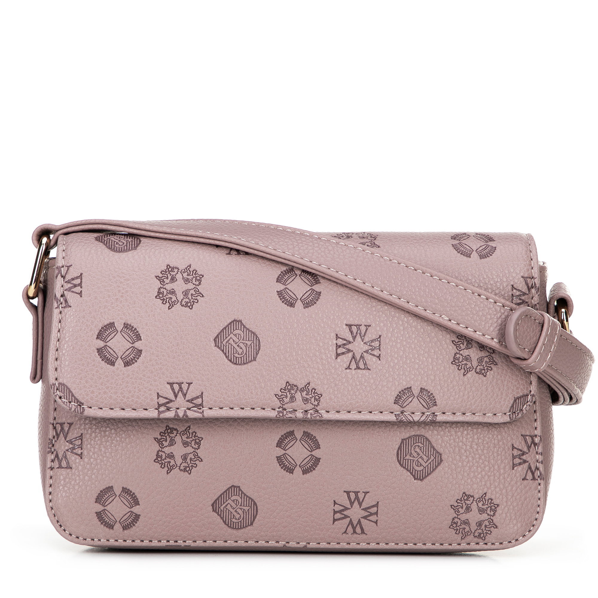 Dámska kabelka cez rameno z ekokože s reliéfnym podpisom, malá, zaprášená ružová 101-4Y-P07-P