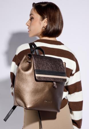 Women's metallic faux leather backpack purse, brown, 95-4Y-404-4, Photo 1