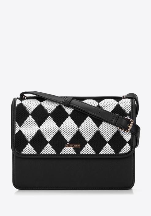 Women's faux leather crossbody bag with patterned flap, black-white, 97-4Y-507-1X, Photo 1