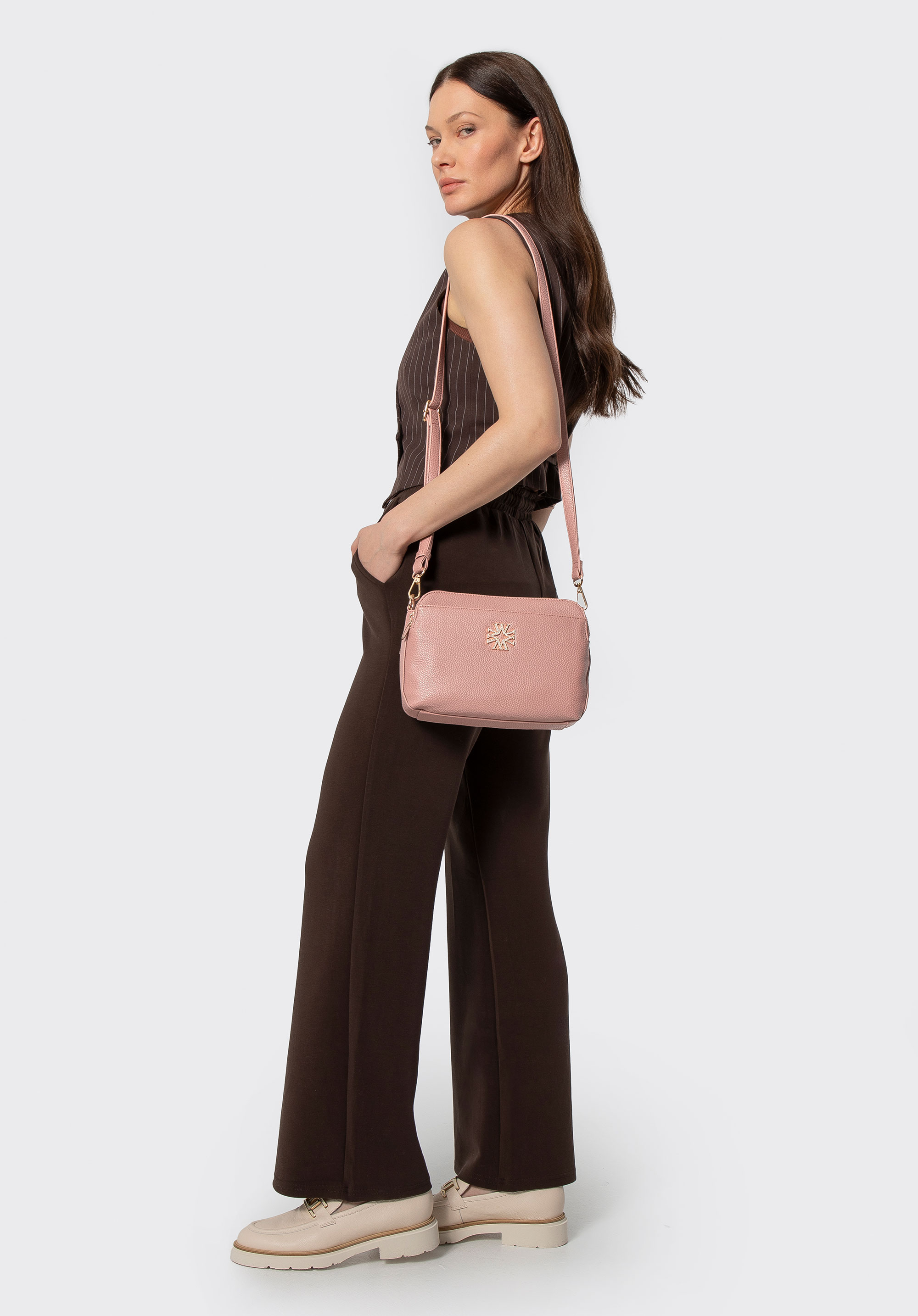 Damska listonoszka z imitacji skóry trójkomorowa, różowy, 29-4Y-016-B55, Zdjęcie 1