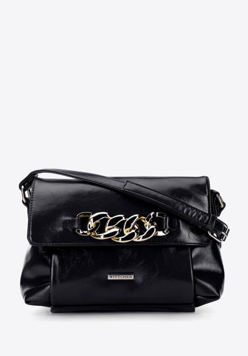 Women's patent leather flap bag with chain detail, black, 95-4Y-415-3, Photo 1