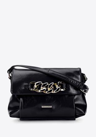 Women's patent leather flap bag with chain detail, black, 95-4Y-415-1, Photo 1