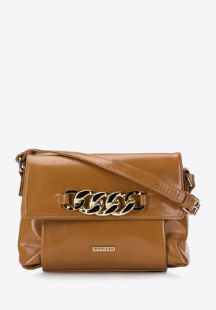Women's patent leather flap bag with chain detail, brown, 95-4Y-415-9, Photo 1