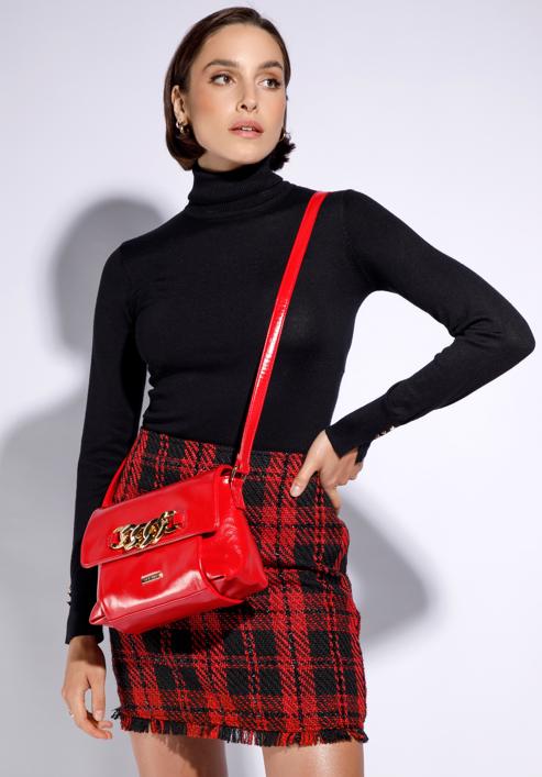 Women's patent leather flap bag with chain detail, red, 95-4Y-415-1, Photo 15