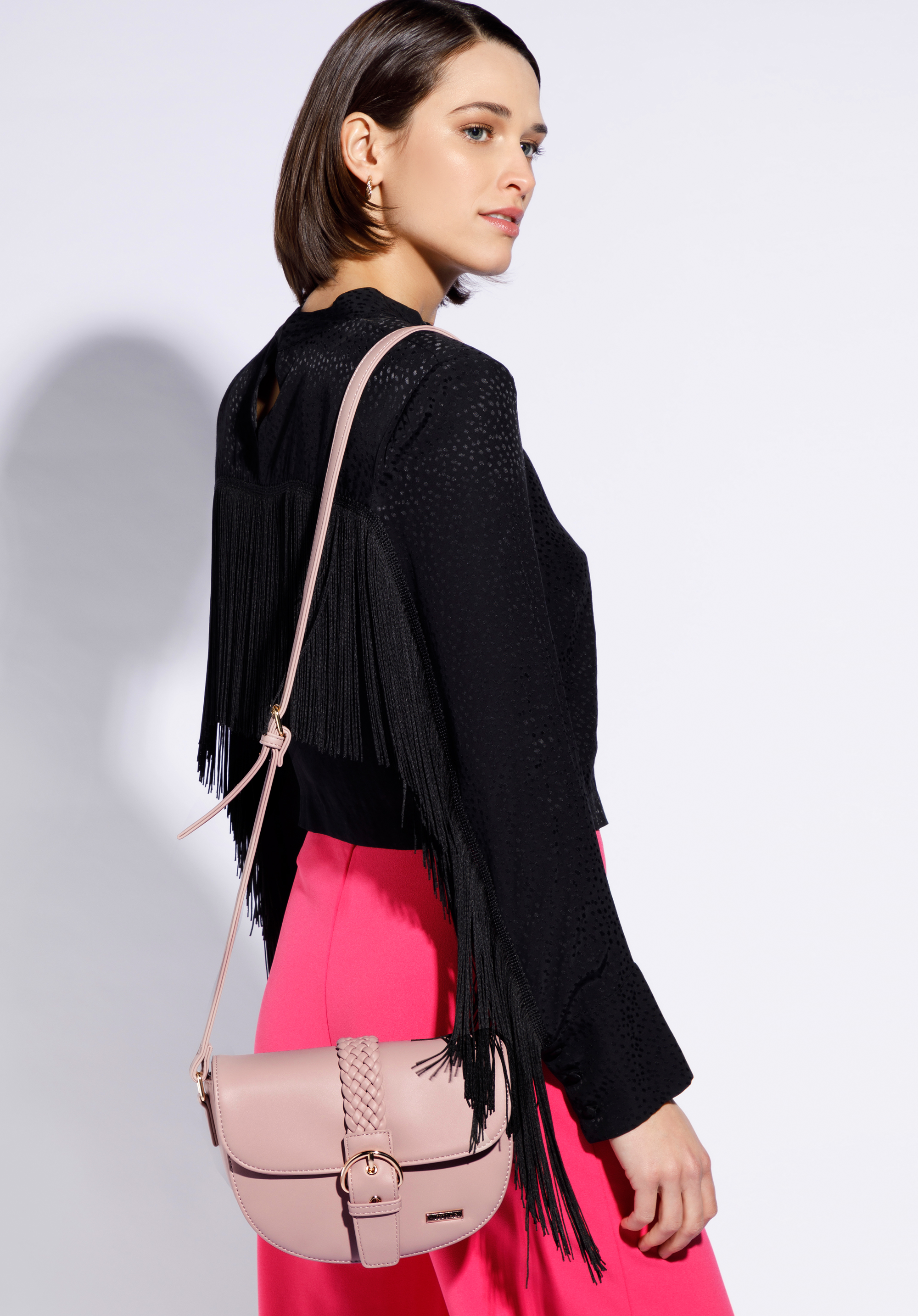 Women's saddle bag with decorative woven detail, muted pink, 96-4Y-607-P, Photo 1