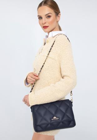 Women's quilted leather chain flap bag, navy blue, 97-4E-031-7, Photo 1