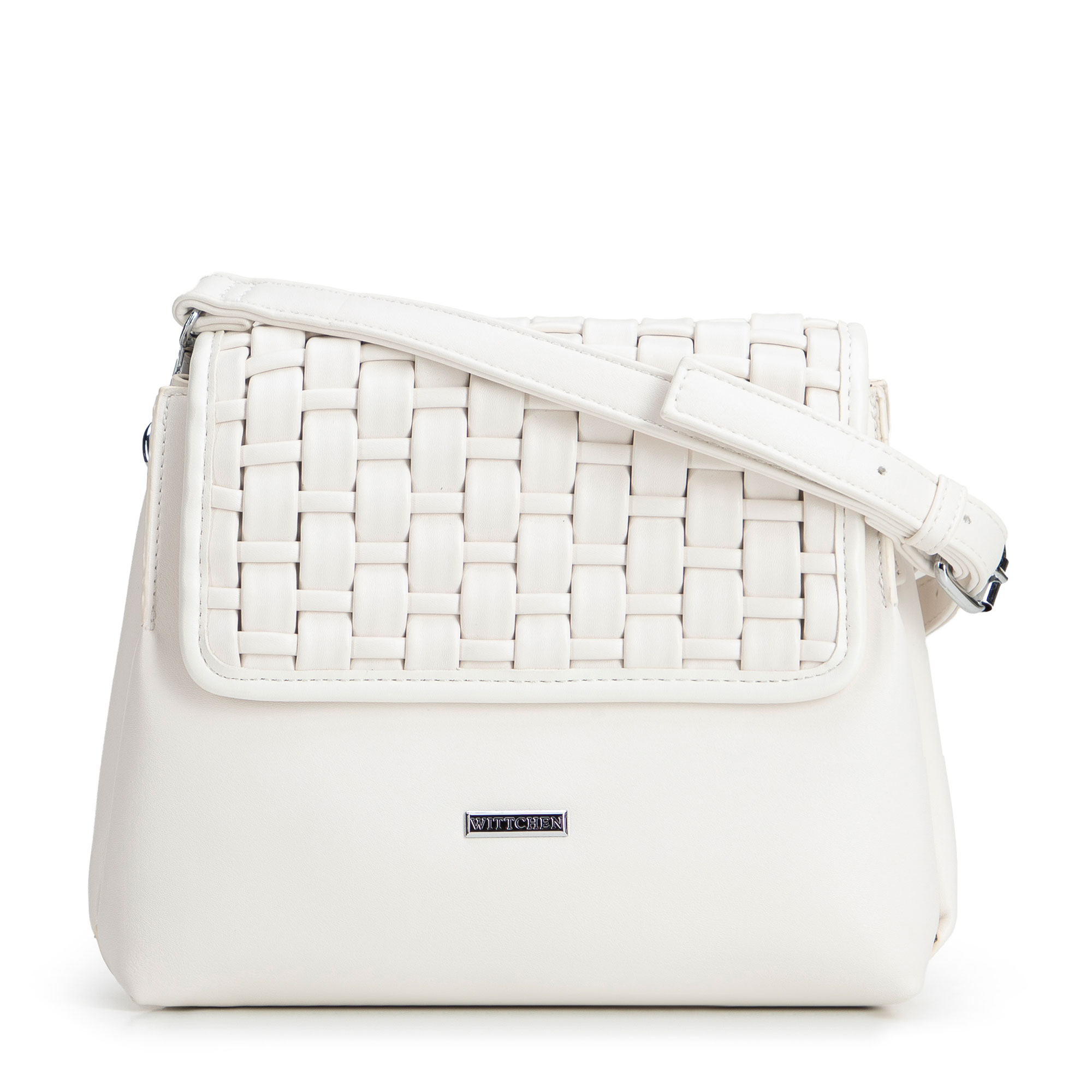Biela dvojkomorová crossbody kabelka s pleteným detailom a klopou 94-4Y-608-0, Vyberte variant biela