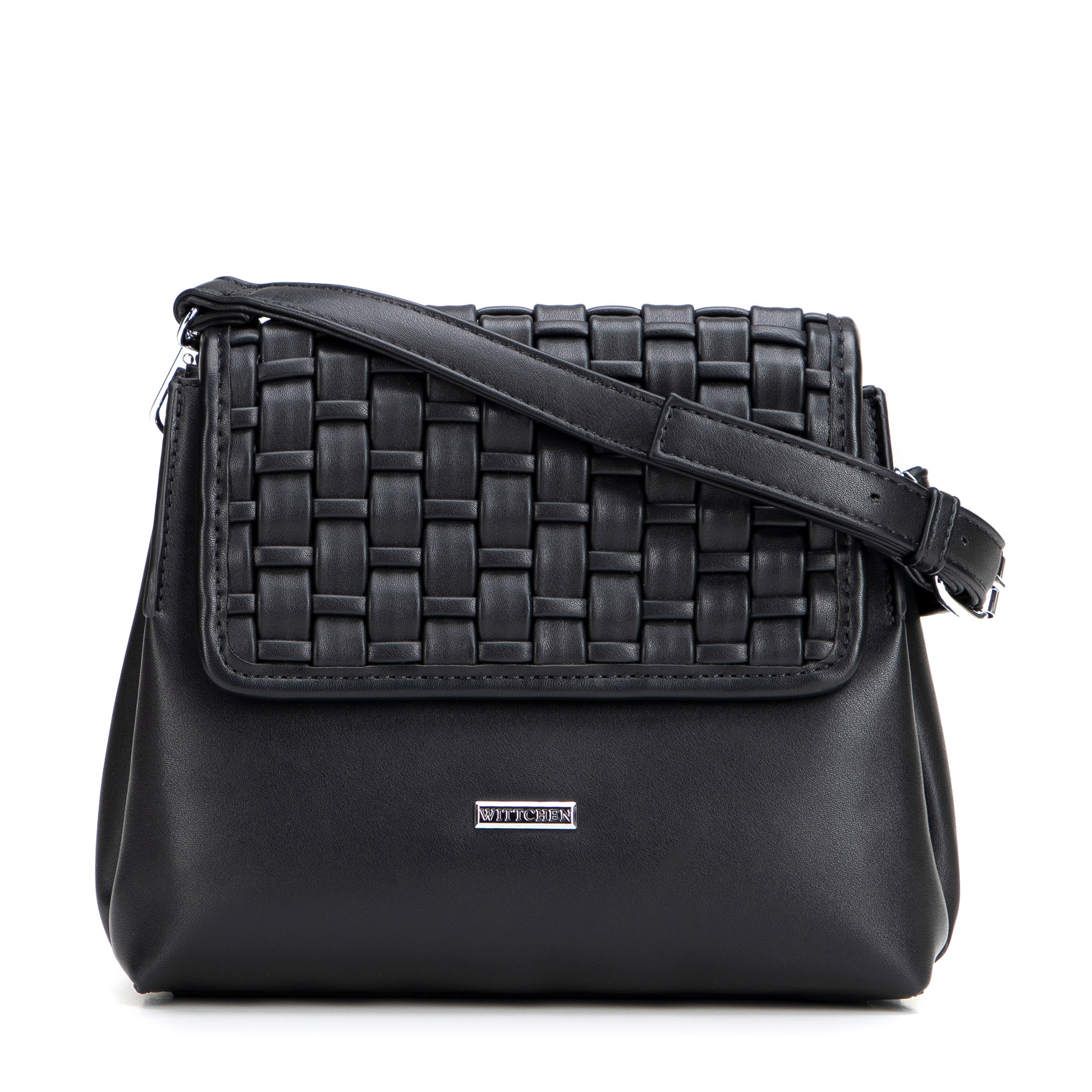 Čierna dvojkomorová crossbody kabelka s pleteným detailom a klopou 94-4Y-608-1, Vyberte variant čierna