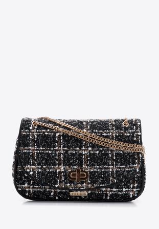 Plaid tweed boucle flap bag on chain shoulder strap, black, 97-4Y-752-1, Photo 1