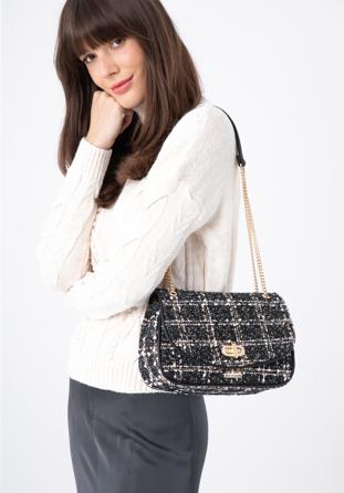 Plaid tweed boucle flap bag on chain shoulder strap, black, 97-4Y-752-1, Photo 1