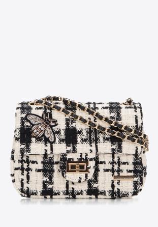 Women's boucle tweed crossbody bag with crystal insect embellishment, beige-black, 98-4Y-205-1, Photo 1