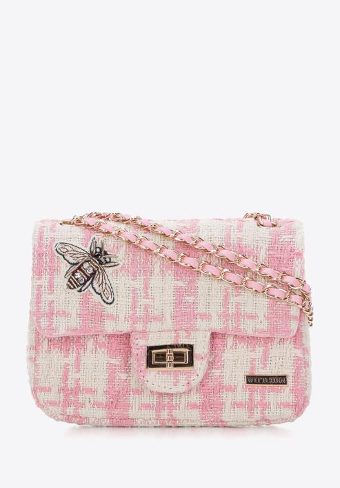 Women's boucle tweed crossbody bag with crystal insect embellishment, beige-pink, 98-4Y-205-1, Photo 1