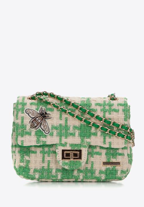Women's boucle tweed crossbody bag with crystal insect embellishment, beige-green, 98-4Y-205-1, Photo 1