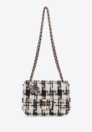 Women's boucle tweed crossbody bag with crystal insect embellishment, beige-black, 98-4Y-205-1, Photo 1