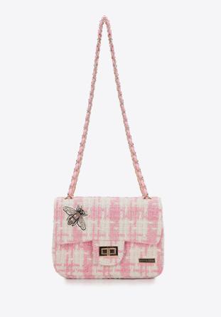 Women's boucle tweed crossbody bag with crystal insect embellishment, beige-pink, 98-4Y-205-P, Photo 1