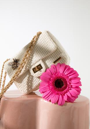Women's boucle tweed crossbody bag with crystal insect embellishment, cream, 98-4Y-206-9, Photo 1