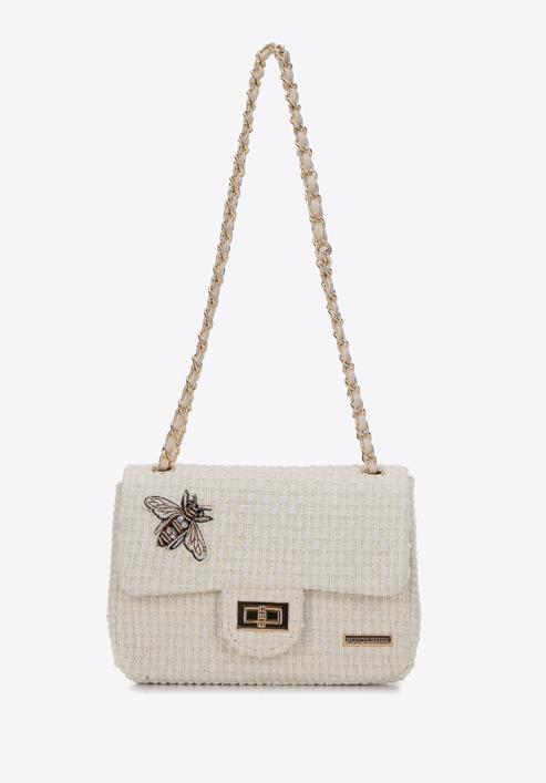 Women's boucle tweed crossbody bag with crystal insect embellishment, cream, 98-4Y-206-9, Photo 2