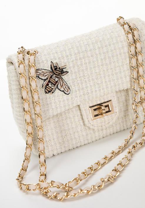 Women's boucle tweed crossbody bag with crystal insect embellishment, cream, 98-4Y-206-9, Photo 5