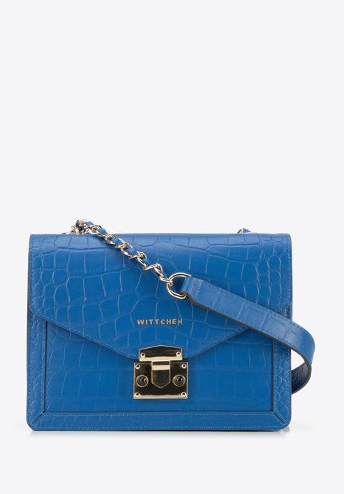 Croc effect leather flap bag, blue, 95-4E-660-6, Photo 1