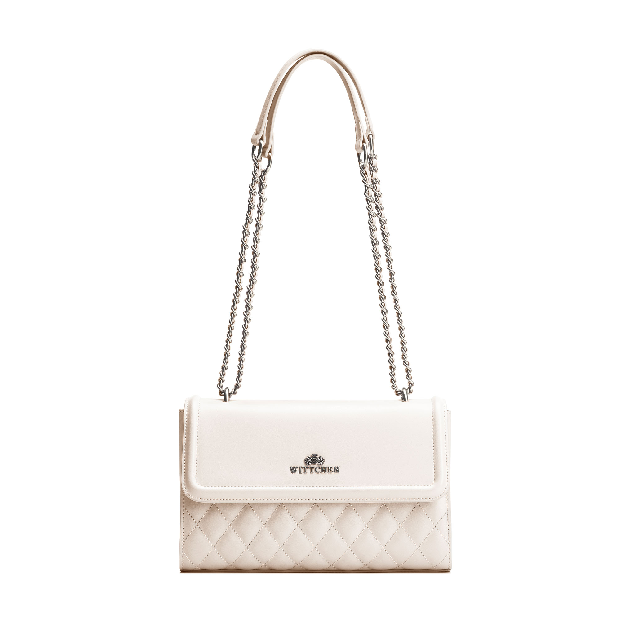 Dámska kabelka cez rameno z pravej kože s prešívaním krémová a strieborná 100-4E-205-0S