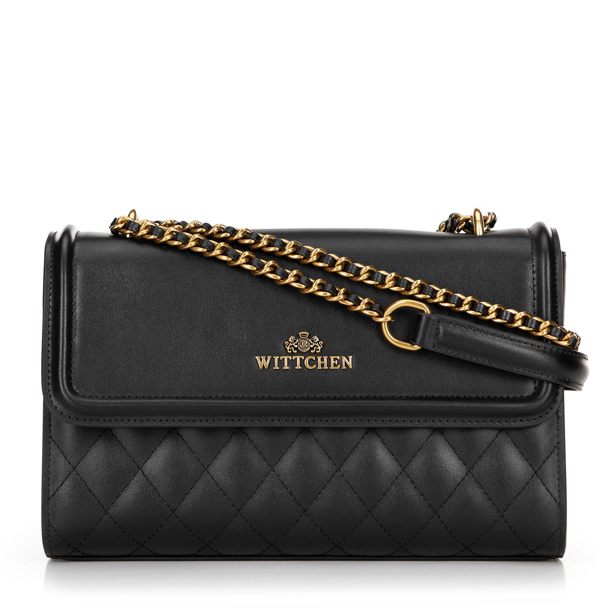 Dámska kabelka cez rameno z pravej kože v čiernej a zlatej farbe so prešívaním 100-4E-205-1G