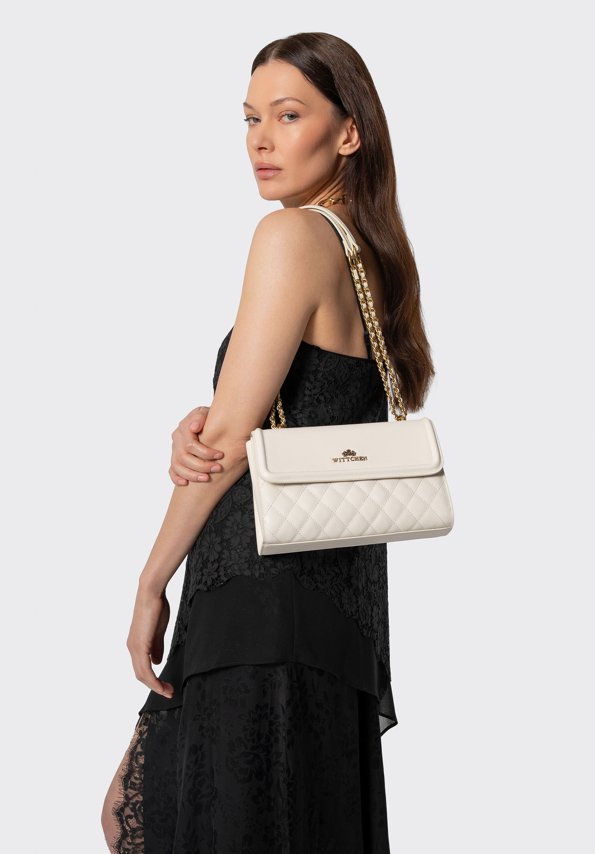 Damska listonoszka ze skóry naturalnej w pikowanie, kremowo-złoty, 100-4E-205-0G, Zdjęcie 1