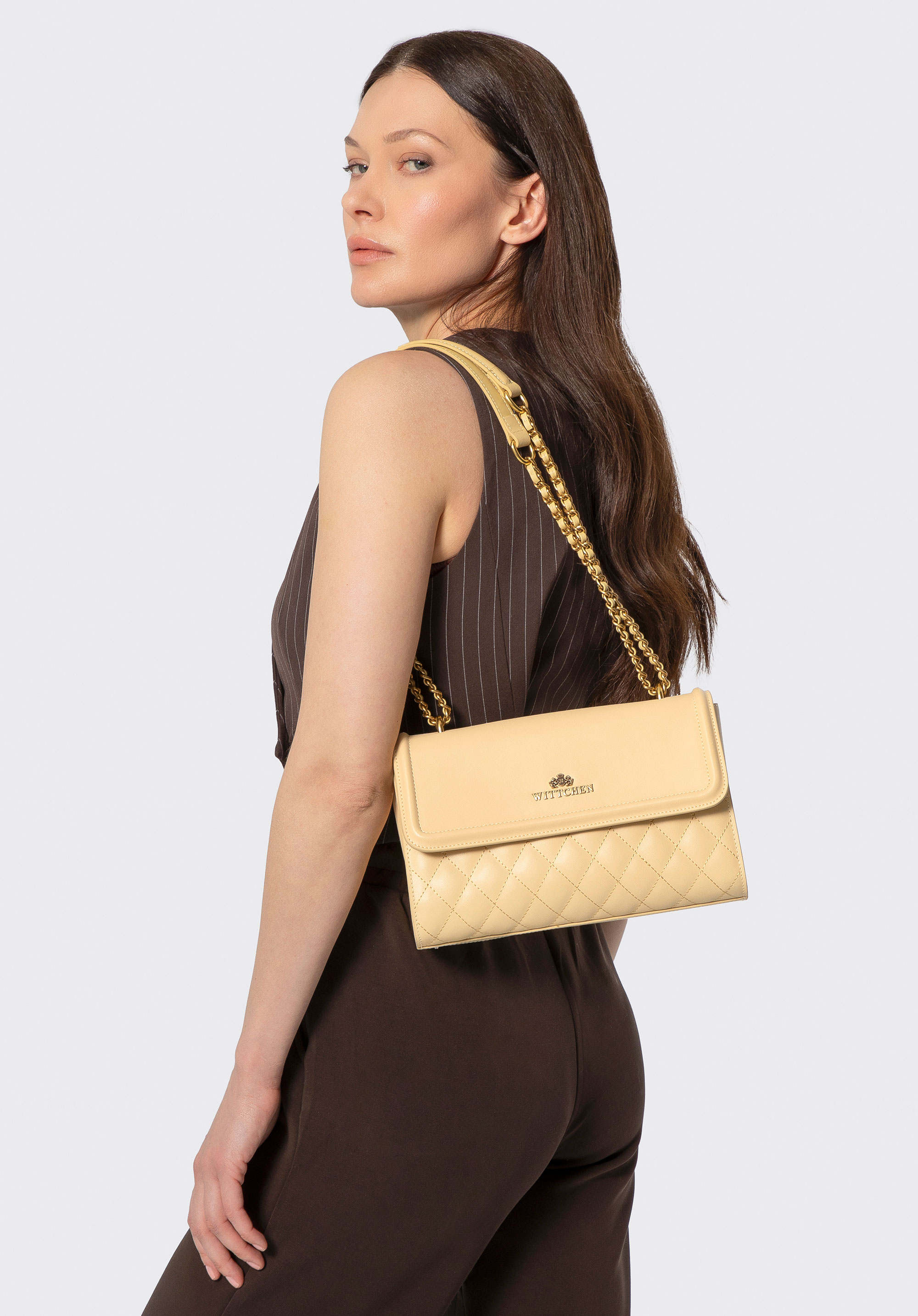 Women's quilted leather flap bag, yellow, 100-4E-205-Y, Photo 1