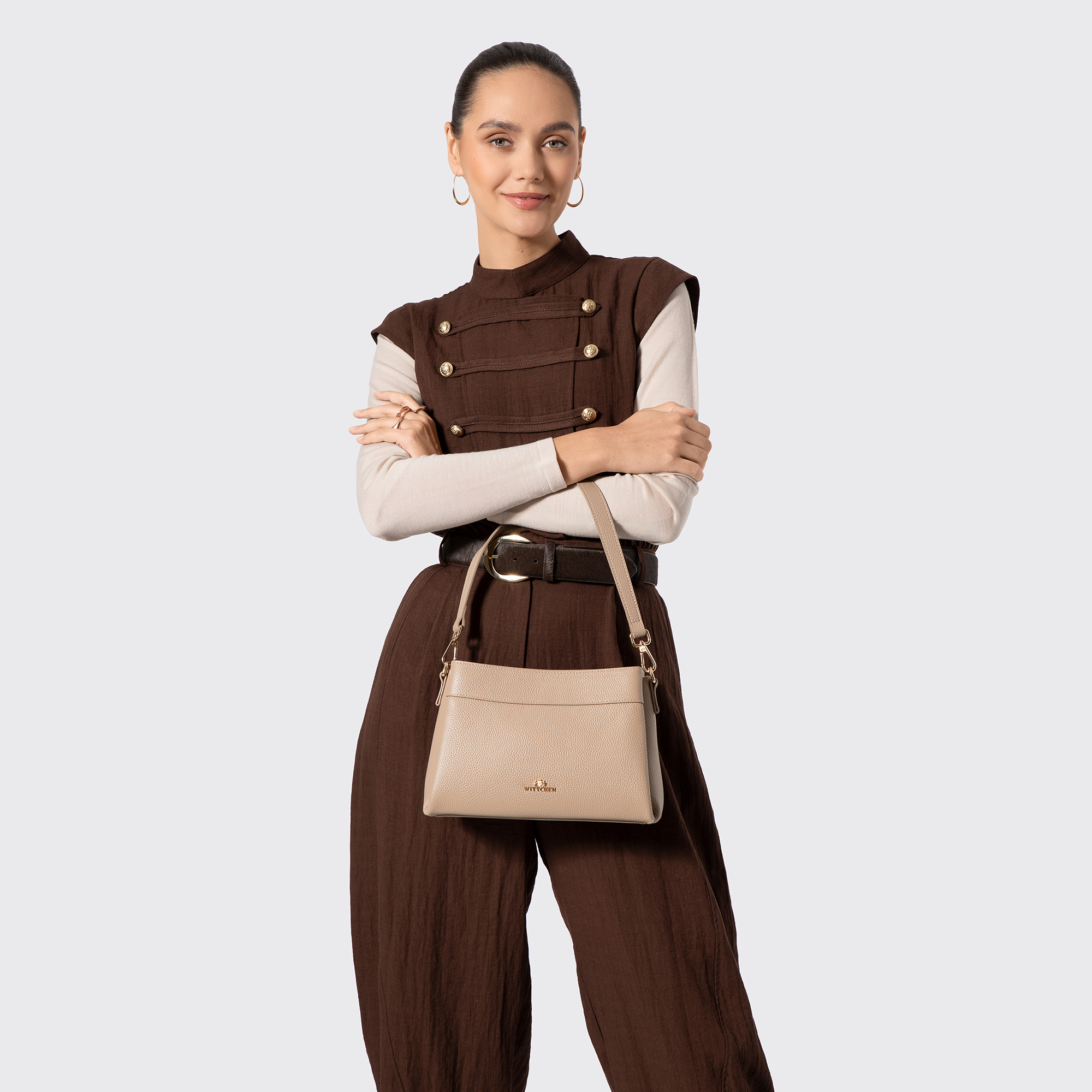 Dámska crossbody kabelka Wittchen z prírodnej kože s elegantným vzhľadom, Vyberte variant svetlobežová