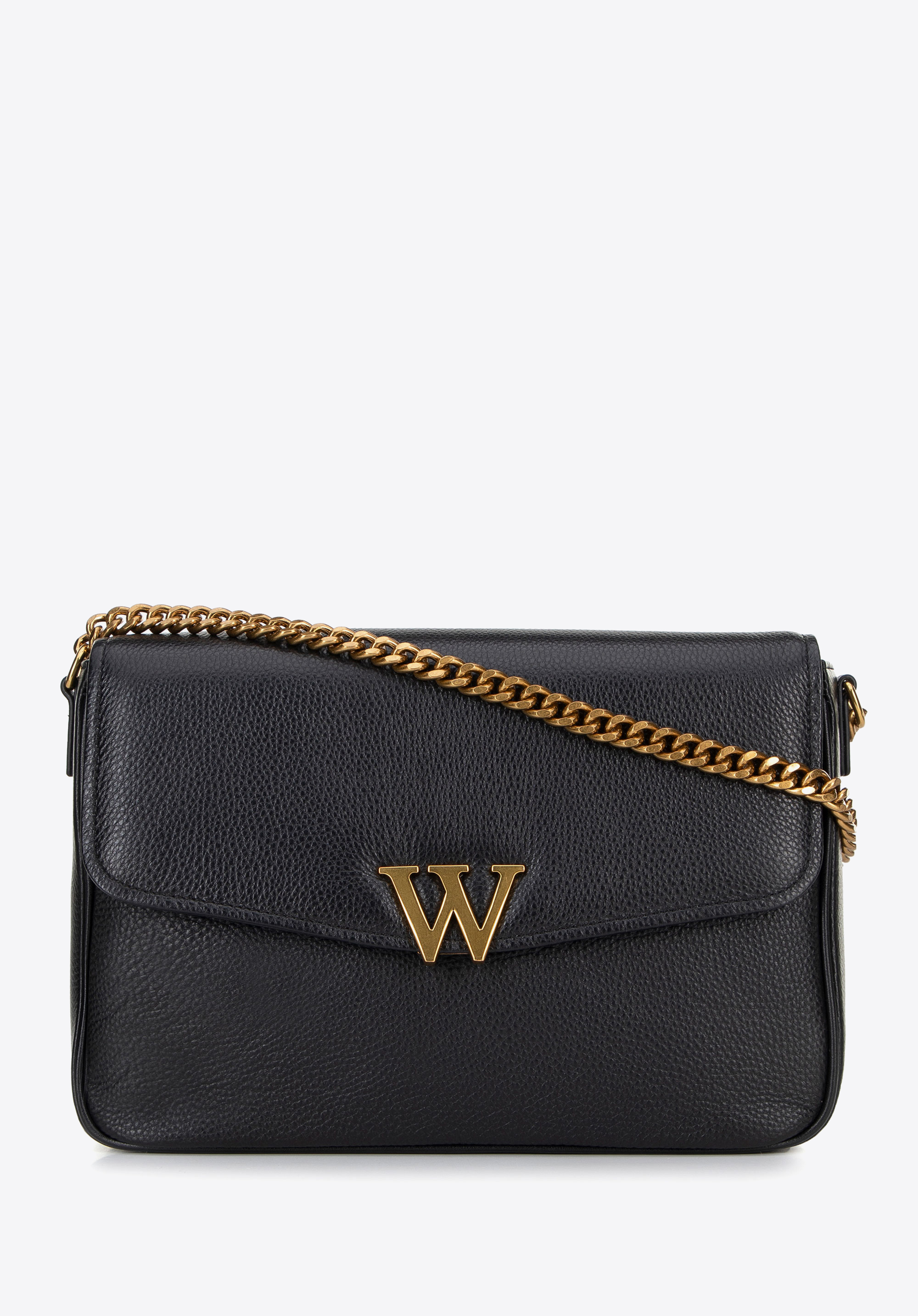 Damska crossbody ze skóry z dekoracyjnym zapięciem, czarny, 100-4E-213-1, Zdjęcie 1