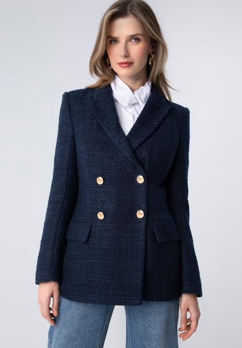 Women's boucle fitted blazer, navy blue, 98-9X-500-P-L, Photo 1