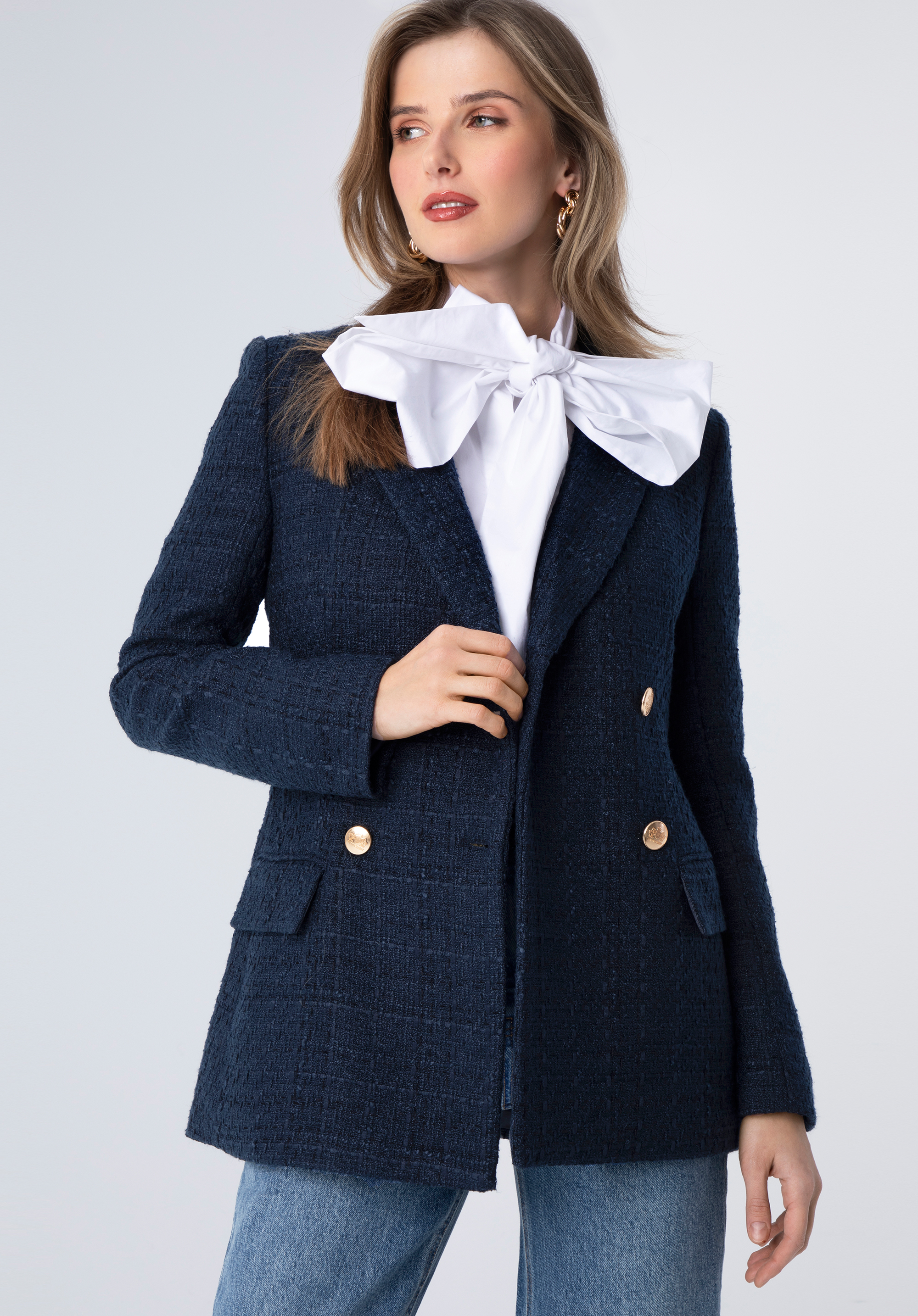 Damska marynarka z tkaniny boucle, granatowy, 98-9X-500-N-S, Zdjęcie 1