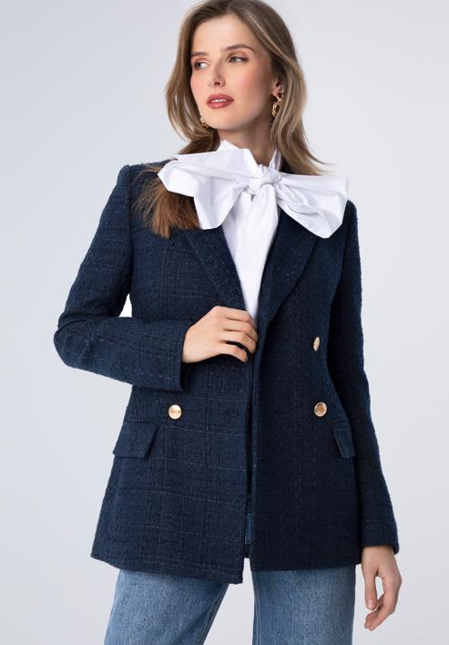 Women's boucle fitted blazer, navy blue, 98-9X-500-P-S, Photo 2