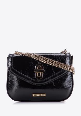 Women's glistening faux leather flap bag on chain, black, 97-4Y-754-1, Photo 1