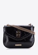 Women's glistening faux leather flap bag on chain, black, 97-4Y-754-G, Photo 1
