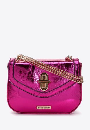 Women's glistening faux leather flap bag on chain, pink, 97-4Y-754-P, Photo 1
