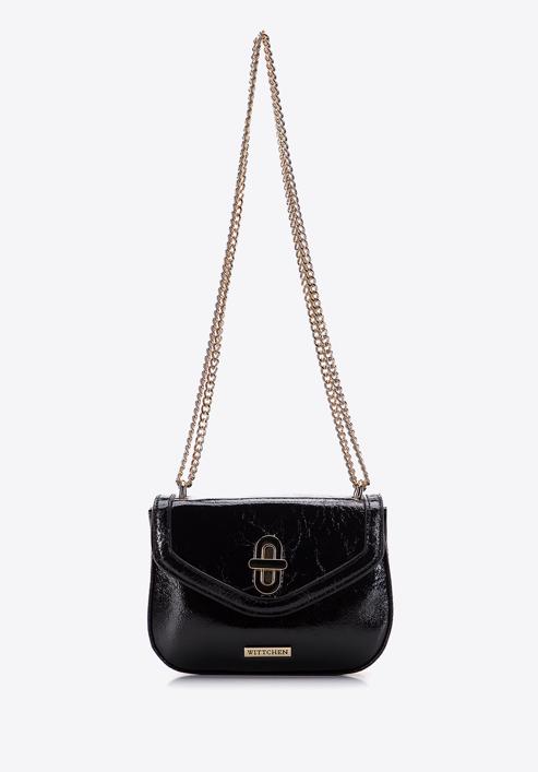 Women's glistening faux leather flap bag on chain, black, 97-4Y-754-P, Photo 2