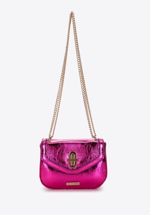 Women's glistening faux leather flap bag on chain, pink, 97-4Y-754-G, Photo 2